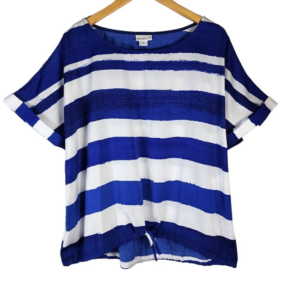 Liz Claiborne Royal Blue and White Striped Short Sleeve Top. Runs large.